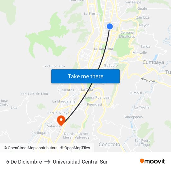 6 De Diciembre to Universidad Central Sur map