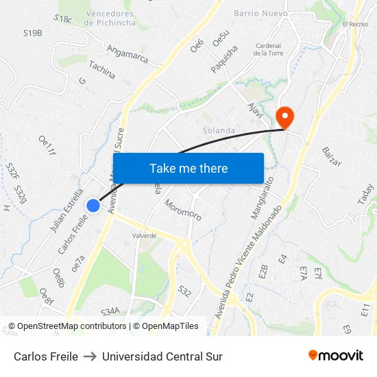Carlos Freile to Universidad Central Sur map