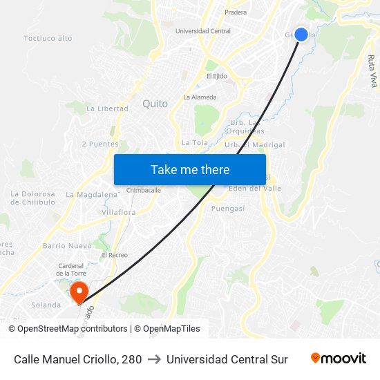Calle Manuel Criollo, 280 to Universidad Central Sur map