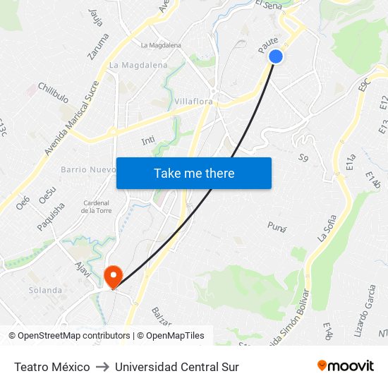 Teatro México to Universidad Central Sur map