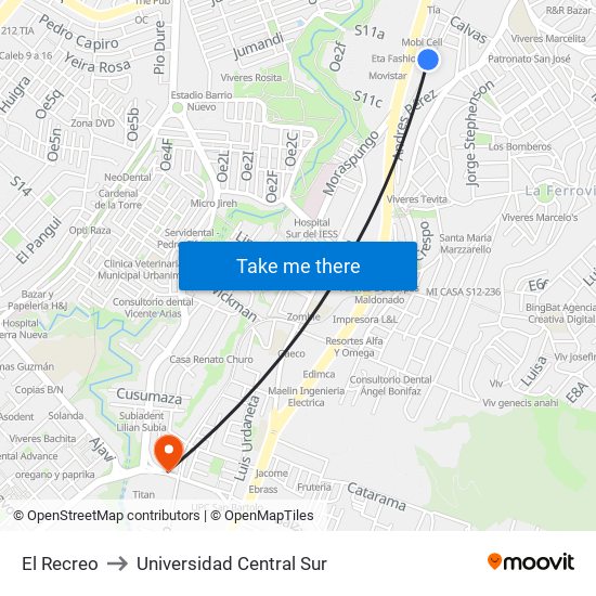 El Recreo to Universidad Central Sur map