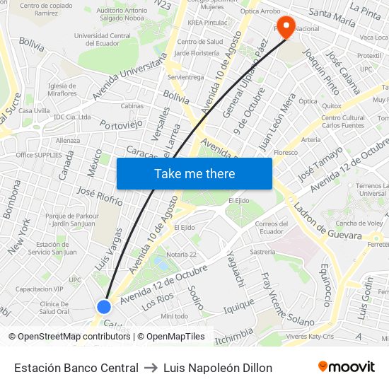 Estación Banco Central to Luis Napoleón Dillon map