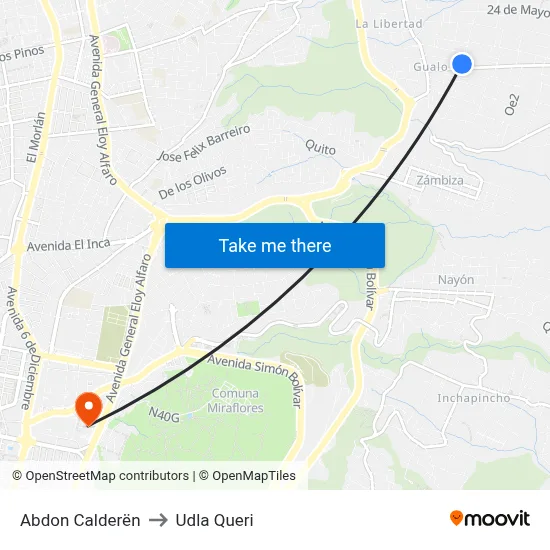 Abdon Calderën to Udla Queri map
