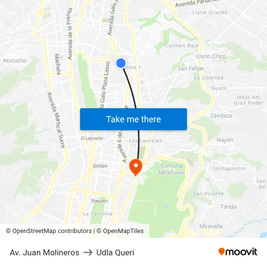 Av. Juan Molineros to Udla Queri map