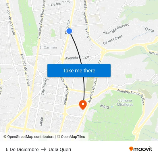 6 De Diciembre to Udla Queri map