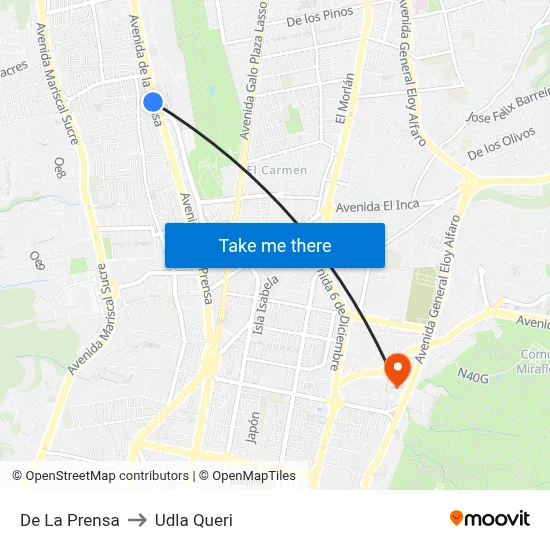 De La Prensa to Udla Queri map