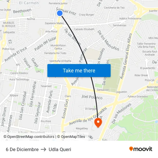 6 De Diciembre to Udla Queri map