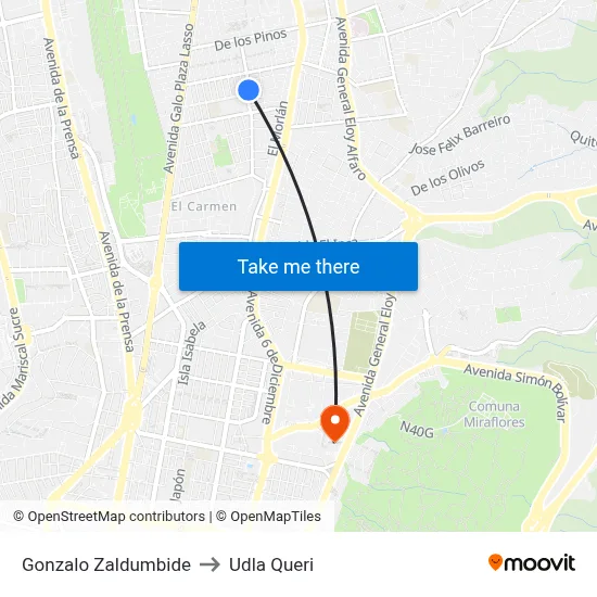Gonzalo Zaldumbide to Udla Queri map