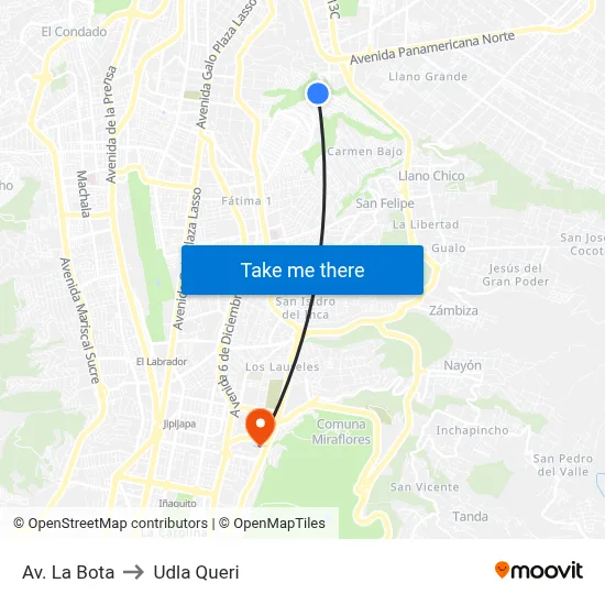 Av. La Bota to Udla Queri map