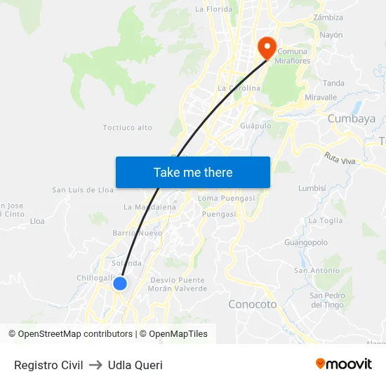 Registro Civil to Udla Queri map