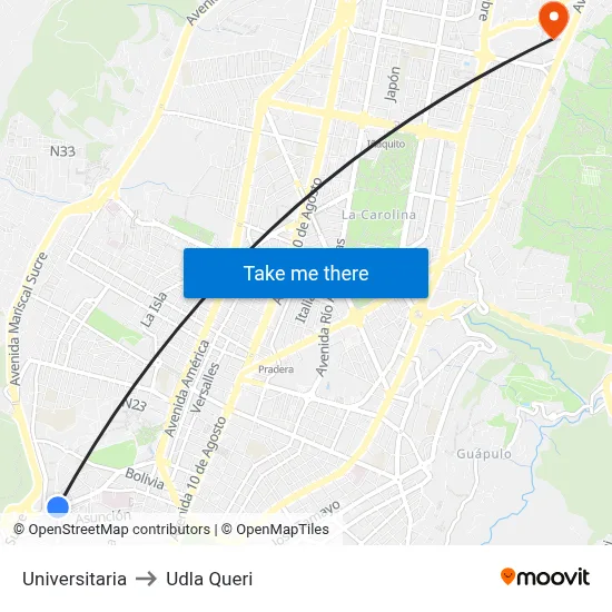 Universitaria to Udla Queri map
