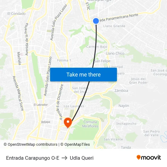 Entrada Carapungo O-E to Udla Queri map