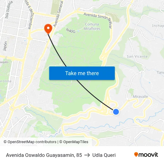 Avenida Oswaldo Guayasamín, 85 to Udla Queri map