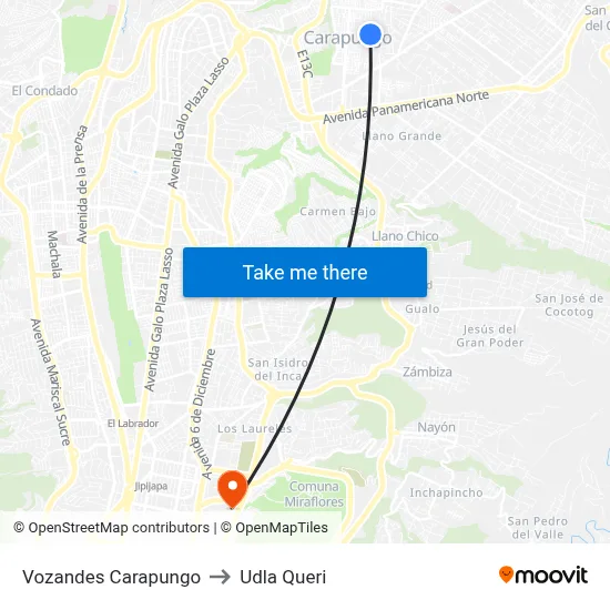 Vozandes Carapungo to Udla Queri map