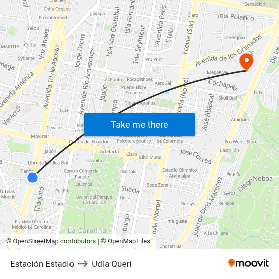 Estación Estadio to Udla Queri map