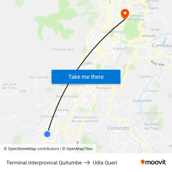 Terminal Interprovical Quitumbe to Udla Queri map