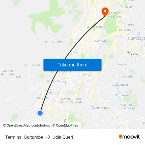 Terminal Quitumbe to Udla Queri map