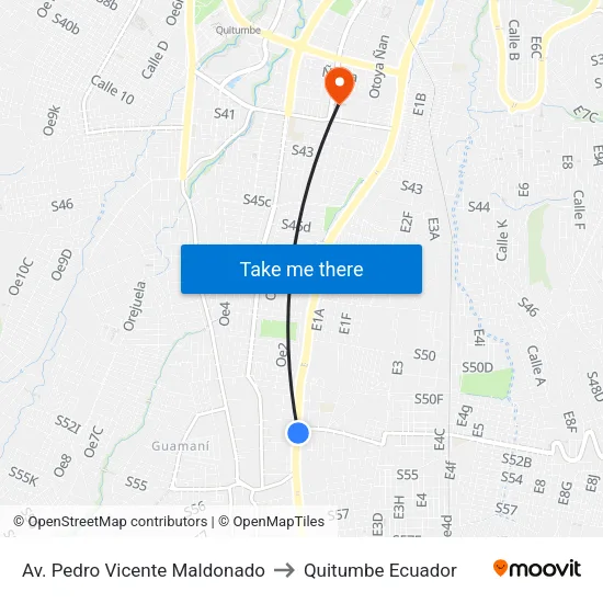 Av. Pedro Vicente Maldonado to Quitumbe Ecuador map