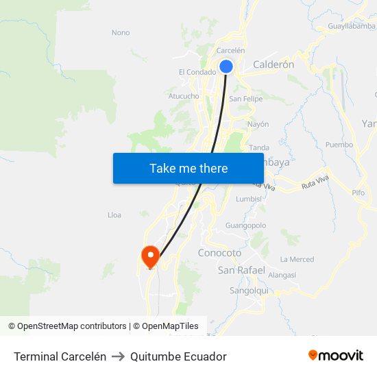 Terminal Carcelén to Quitumbe Ecuador map