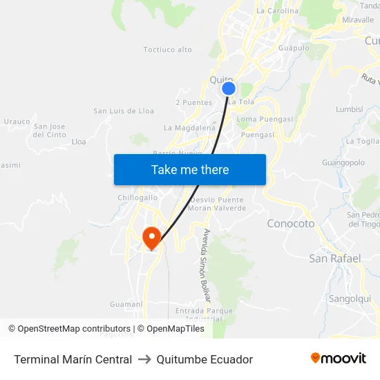 Terminal Marín Central to Quitumbe Ecuador map