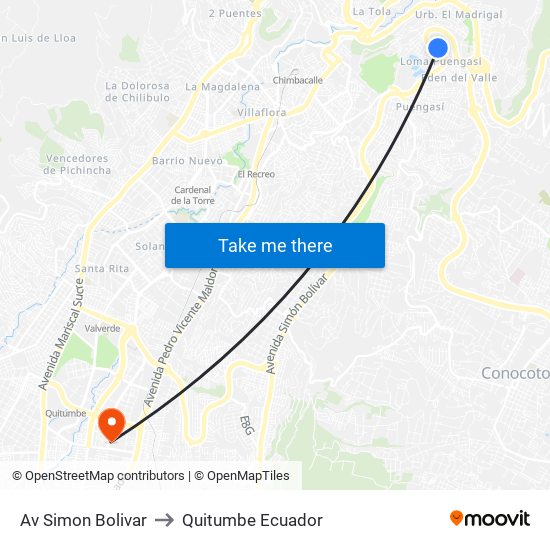 Av Simon Bolivar to Quitumbe Ecuador map