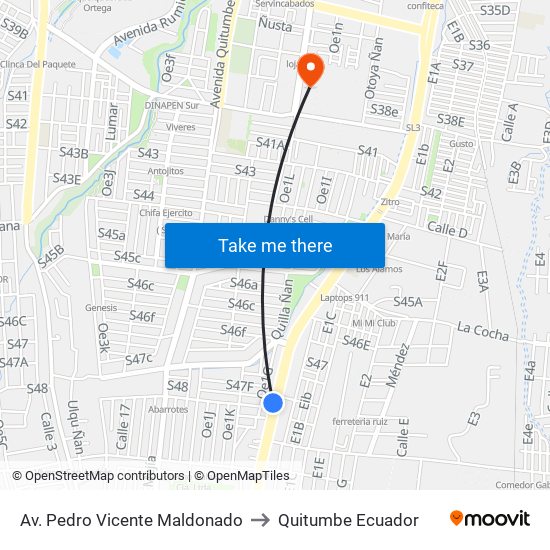 Av. Pedro Vicente Maldonado to Quitumbe Ecuador map