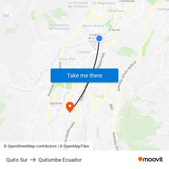 Quito Sur to Quitumbe Ecuador map