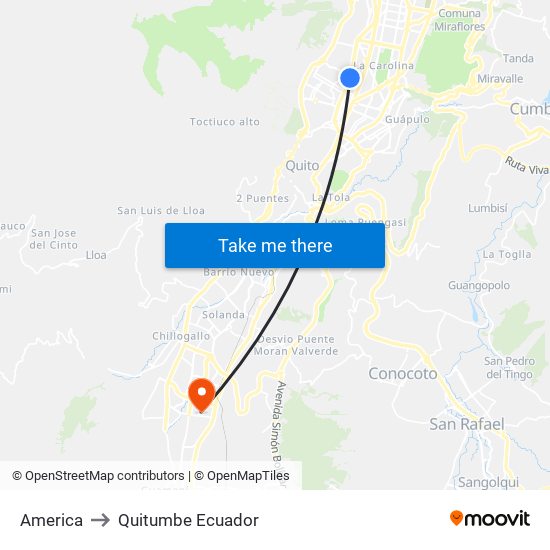 America to Quitumbe Ecuador map