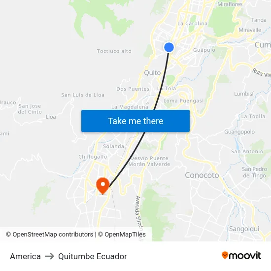 America to Quitumbe Ecuador map