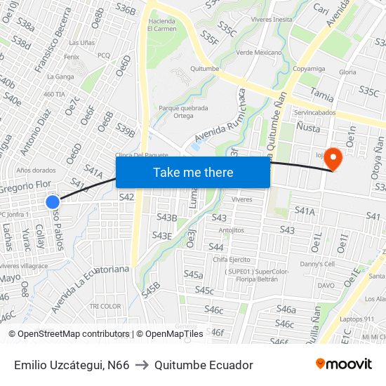 Emilio Uzcátegui, N66 to Quitumbe Ecuador map