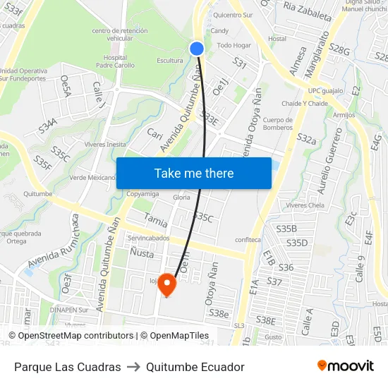 Parque Las Cuadras to Quitumbe Ecuador map