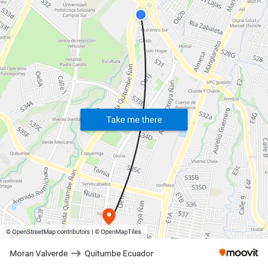 Moran Valverde to Quitumbe Ecuador map