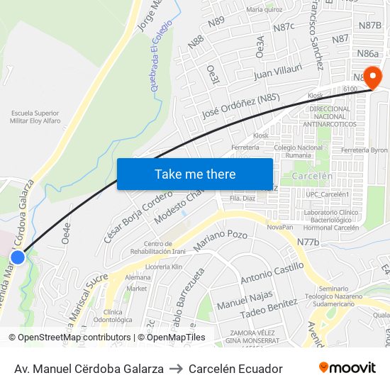 Av. Manuel Cërdoba Galarza to Carcelén Ecuador map