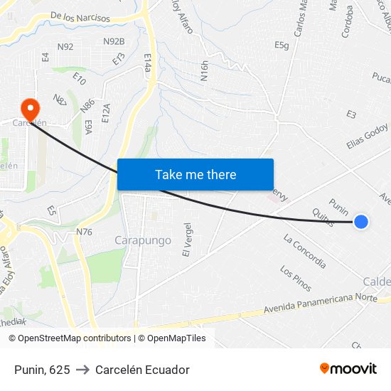 Punin, 625 to Carcelén Ecuador map