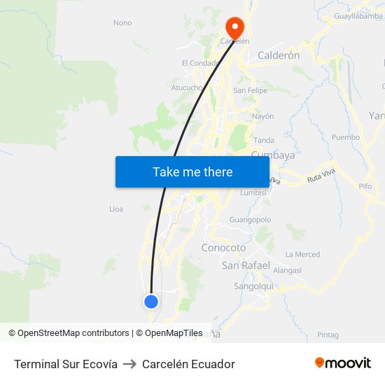 Terminal Sur Ecovía to Carcelén Ecuador map