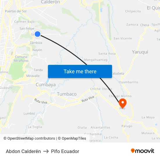 Abdon Calderën to Pifo Ecuador map