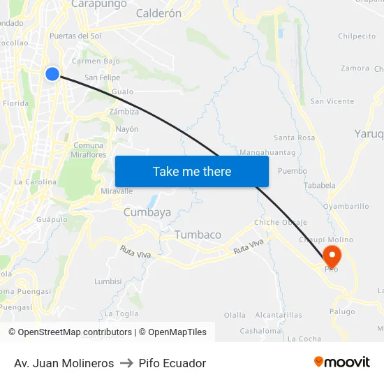 Av. Juan Molineros to Pifo Ecuador map