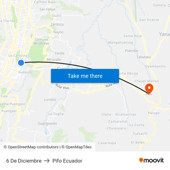 6 De Diciembre to Pifo Ecuador map