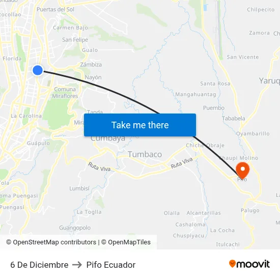 6 De Diciembre to Pifo Ecuador map