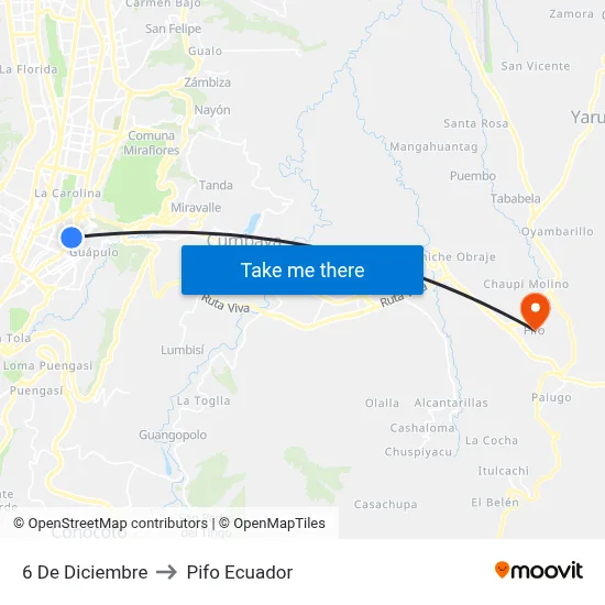 6 De Diciembre to Pifo Ecuador map