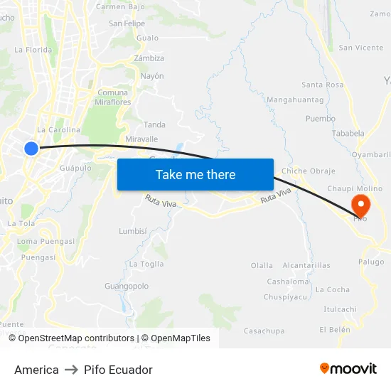 America to Pifo Ecuador map