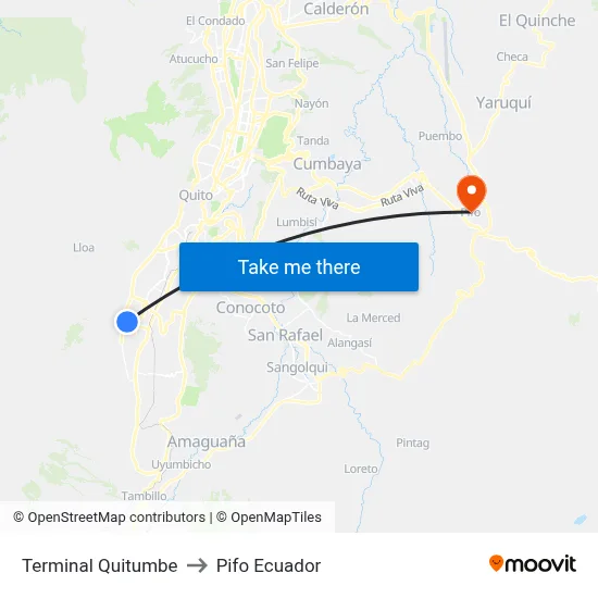 Terminal Quitumbe to Pifo Ecuador map