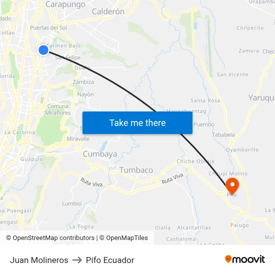 Juan Molineros to Pifo Ecuador map