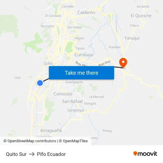 Quito Sur to Pifo Ecuador map