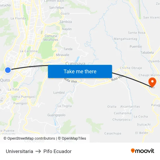 Universitaria to Pifo Ecuador map