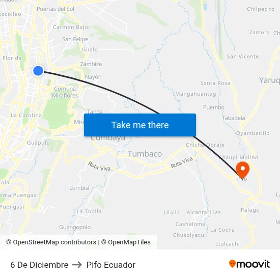 6 De Diciembre to Pifo Ecuador map