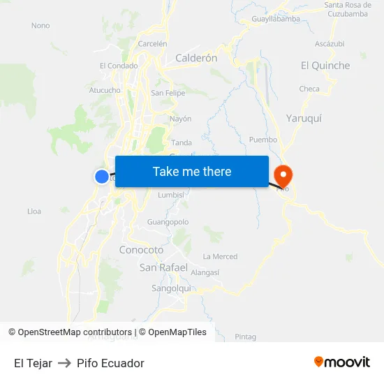El Tejar to Pifo Ecuador map