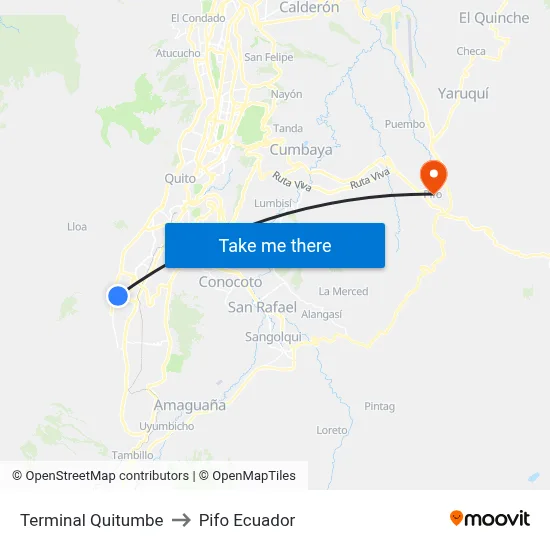Terminal Quitumbe to Pifo Ecuador map