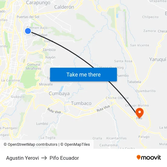 Agustin Yerovi to Pifo Ecuador map