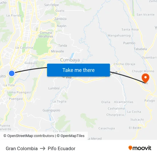 Gran Colombia to Pifo Ecuador map